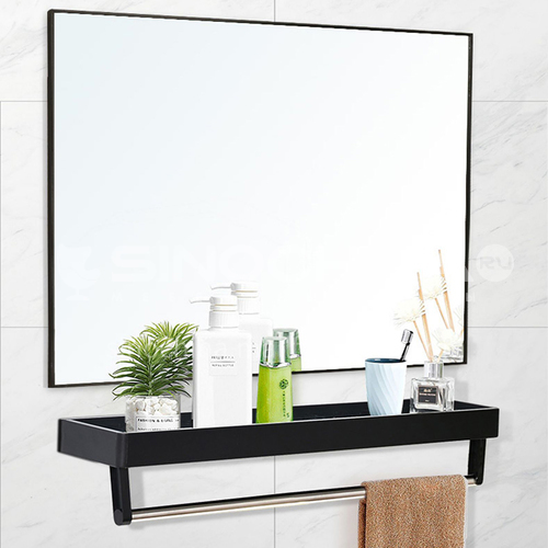 Aluminum alloy bathroom mirror with shelf, bathroom mirror hanging on the wall without perforation, wall-mounted square mirror
